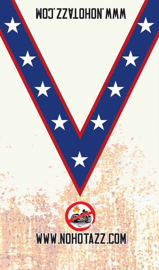 A No Hot Azz motorcycle seat shade sun cover featuring a daredevil design inspired by Evel Knievel.