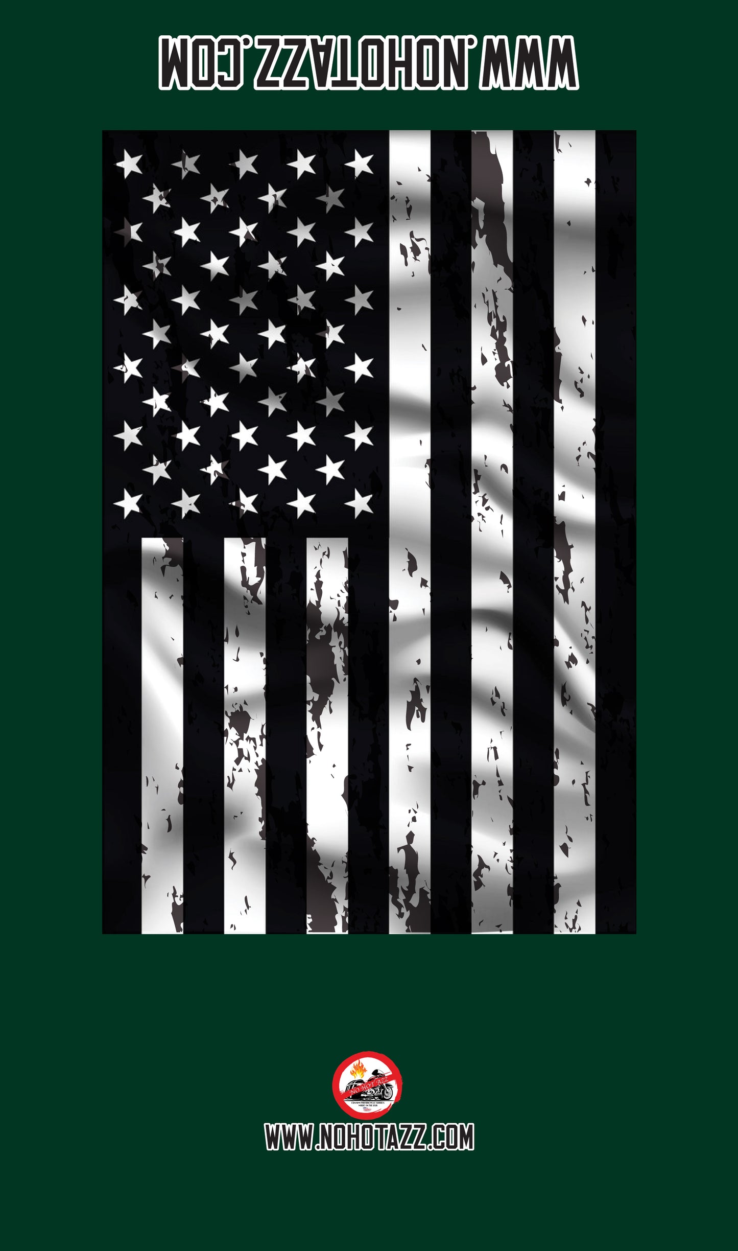 A dark green No Hot Azz motorcycle seat shade sun cover featuring a black and white American flag.