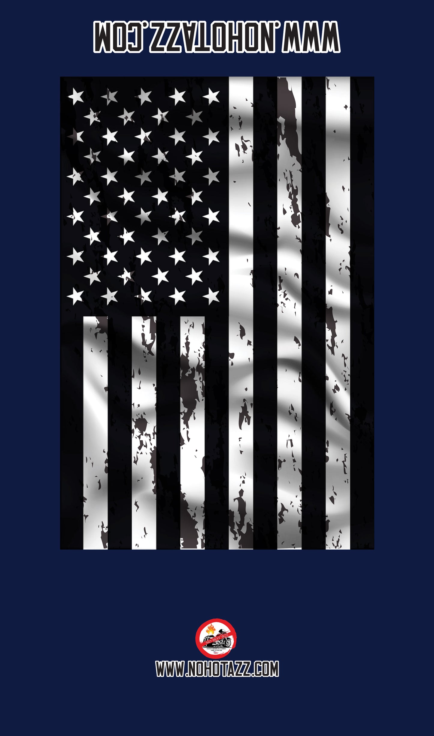 A navy blue No Hot Azz motorcycle seat shade sun cover featuring a black and white American flag.