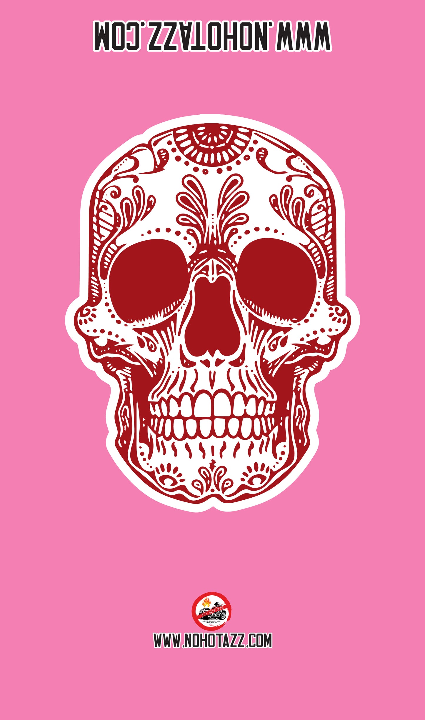 A pantone 244 C2 No Hot Azz motorcycle seat shade sun cover featuring a crimson red skull.