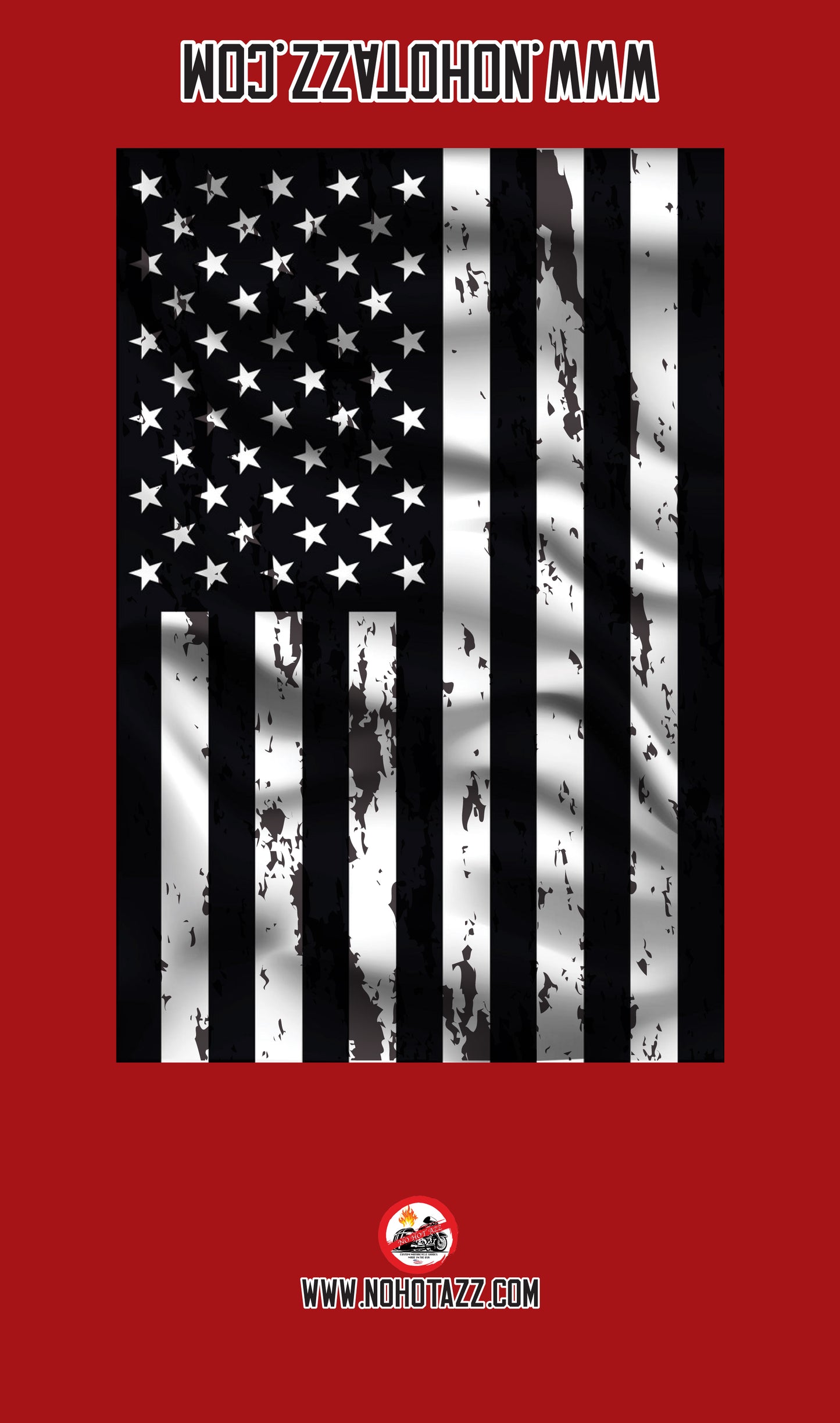 A red No Hot Azz motorcycle seat shade sun cover featuring a black and white American flag.