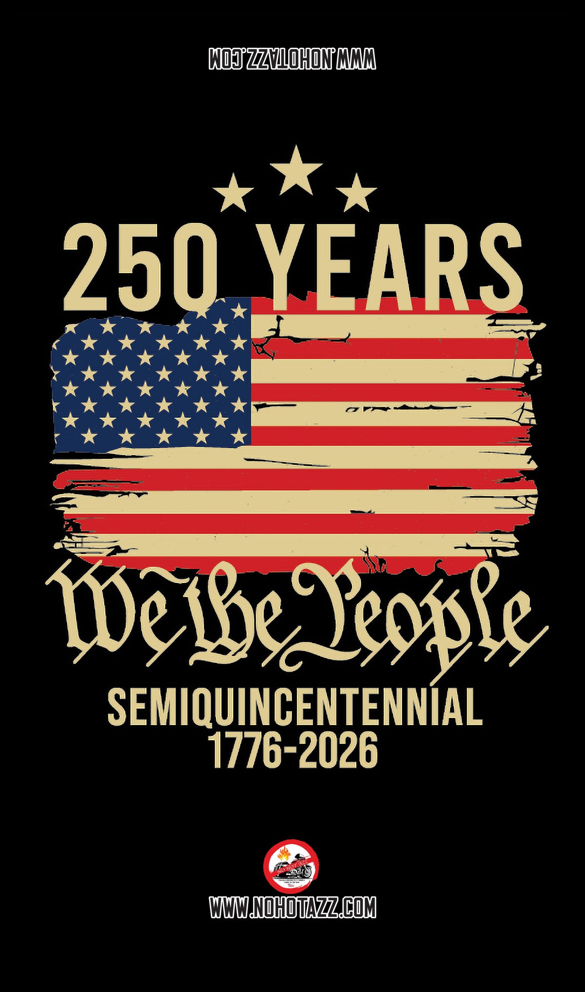 A black No Hot Azz motorcycle seat sun shade with a We The People American Flag design for America's 250th anniversary.