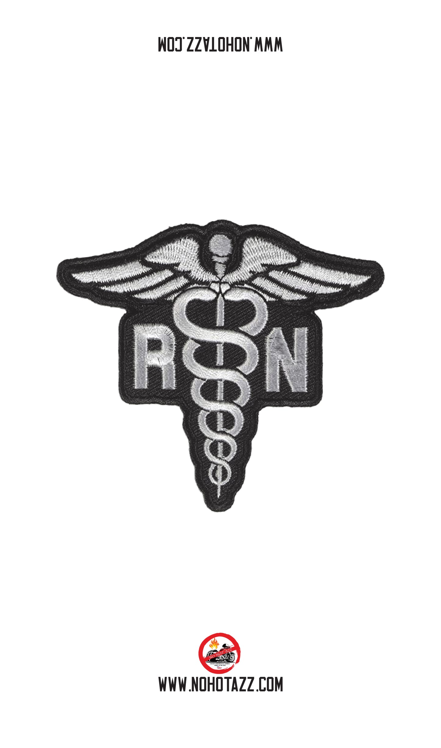 A white No Hot Azz motorcycle seat shade sun cover featuring a registered nurse patch.