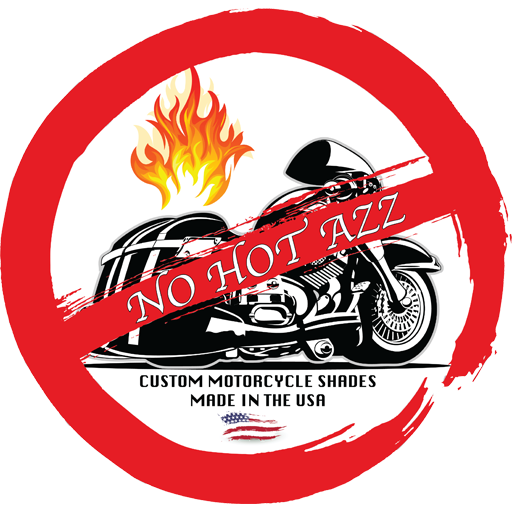The No Hot Azz logo features a motorcycle with fire on the seat, wrapped in a red do not sign with text that reads "Custom Motorcycle Shades Made In The USA".