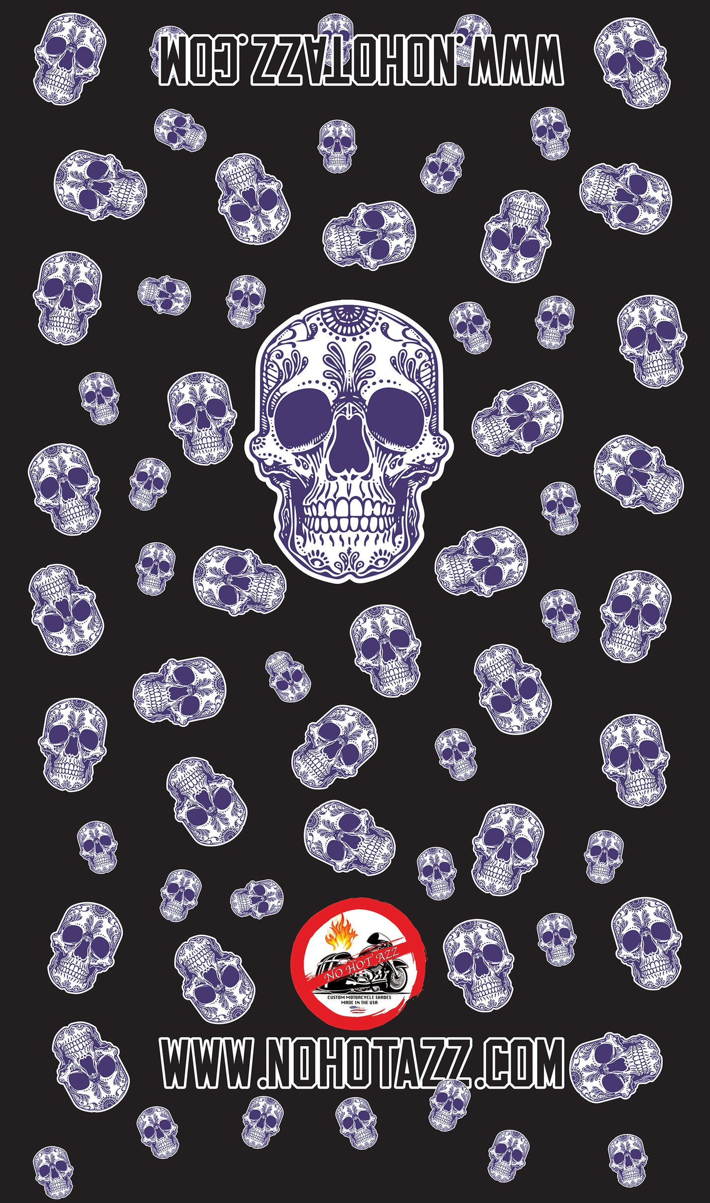 A black No Hot Azz motorcycle seat shade sun cover featuring many plain sugar skulls of various sizes.