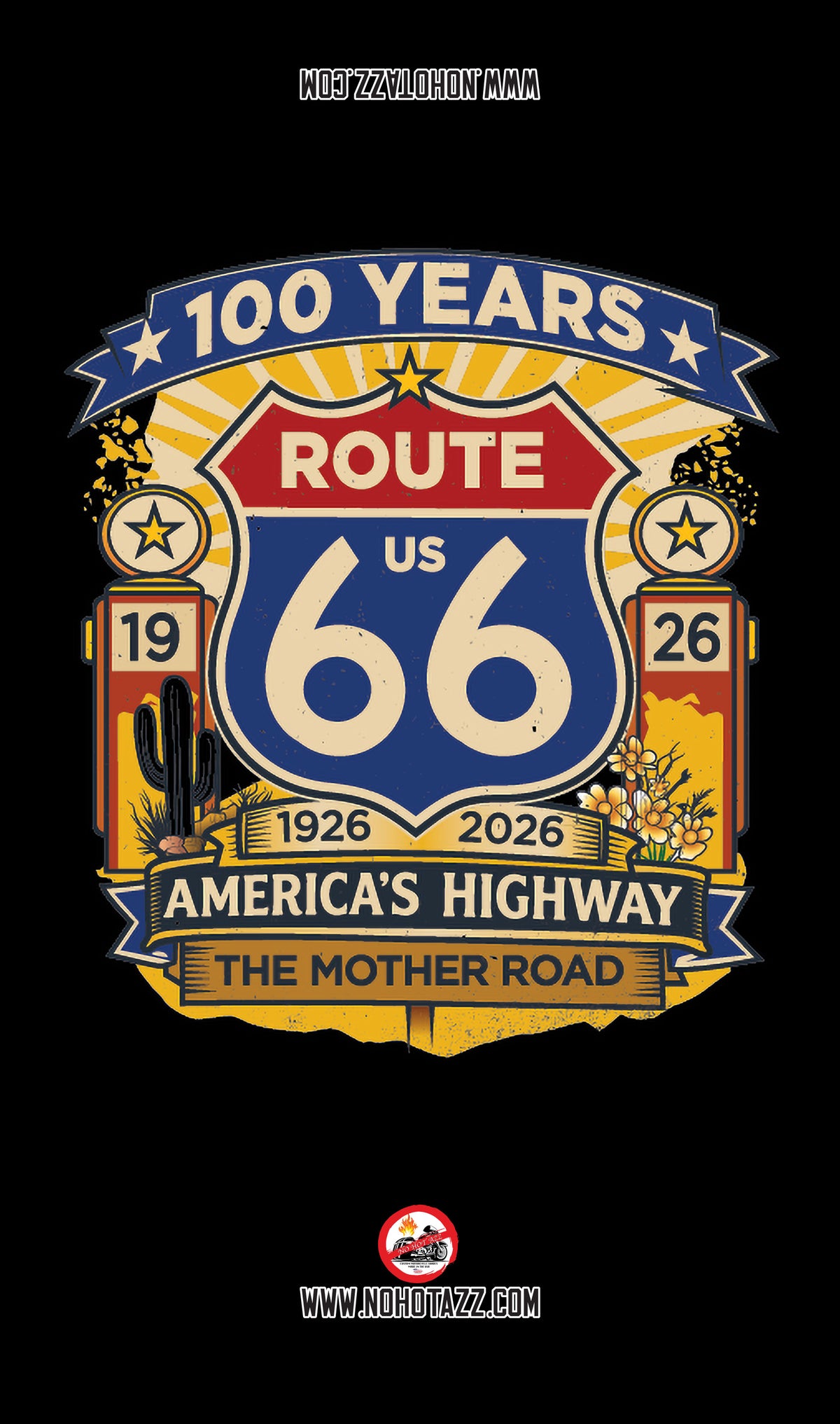 A black No Hot Azz motorcycle seat shade sun cover featuring a unique Route 66 sign design for the 100-year anniversary.