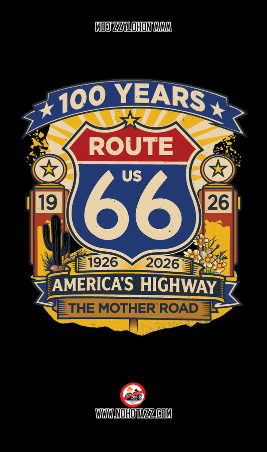 A black No Hot Azz motorcycle seat shade sun cover featuring a unique Route 66 sign design for the 100-year anniversary.
