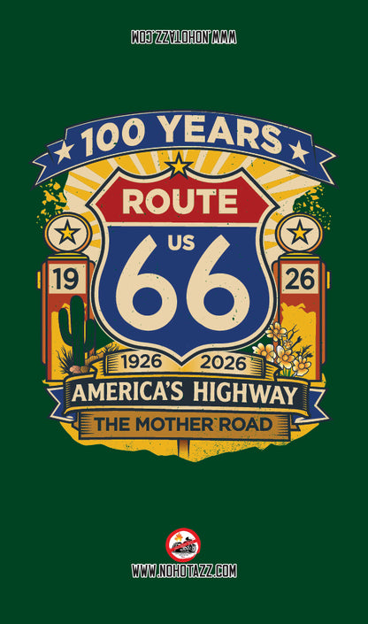 A green No Hot Azz motorcycle seat shade sun cover featuring a unique Route 66 sign design for the 100-year anniversary.