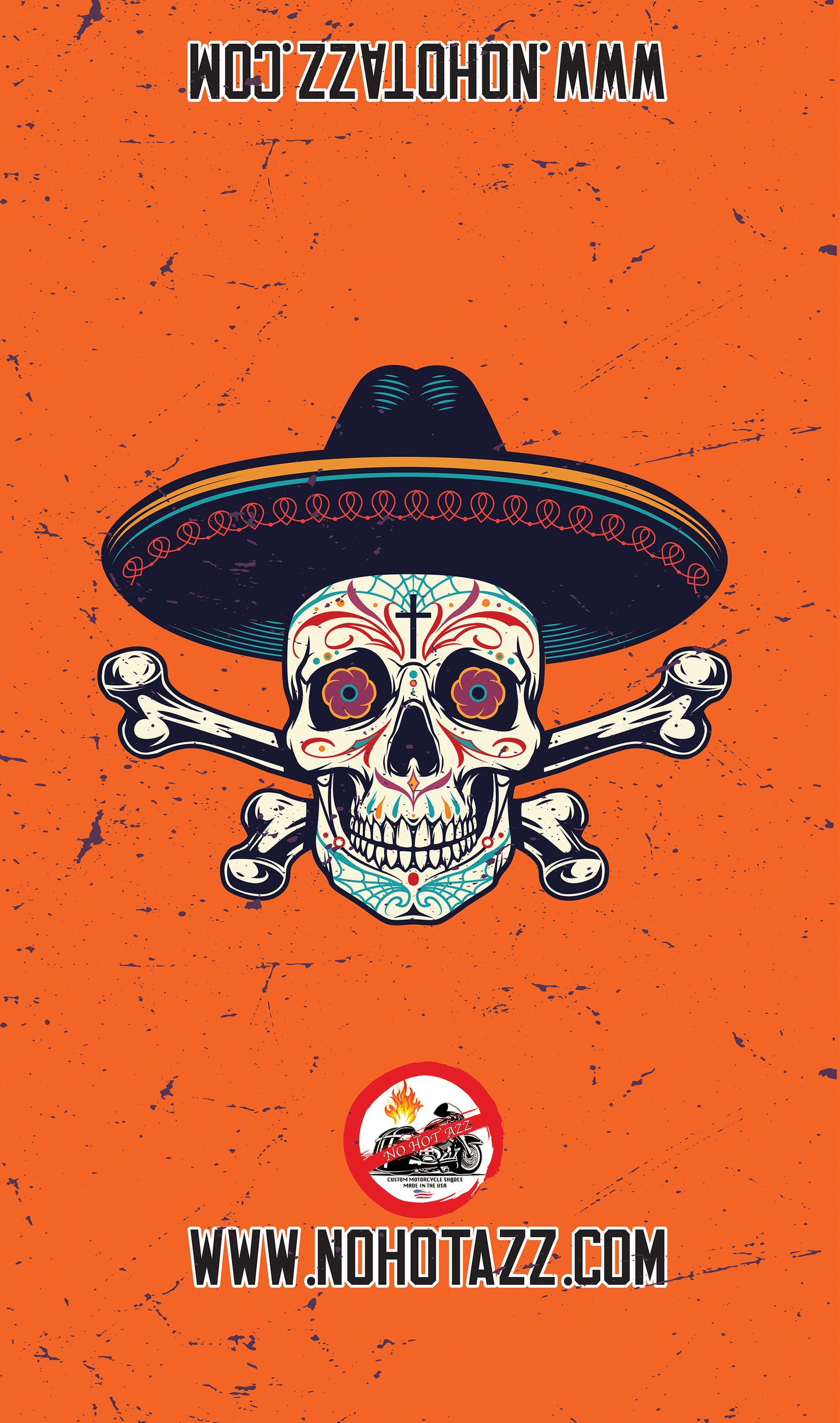 An orange No Hot Azz motorcycle seat shade sun cover featuring a skull wearing a sombrero.