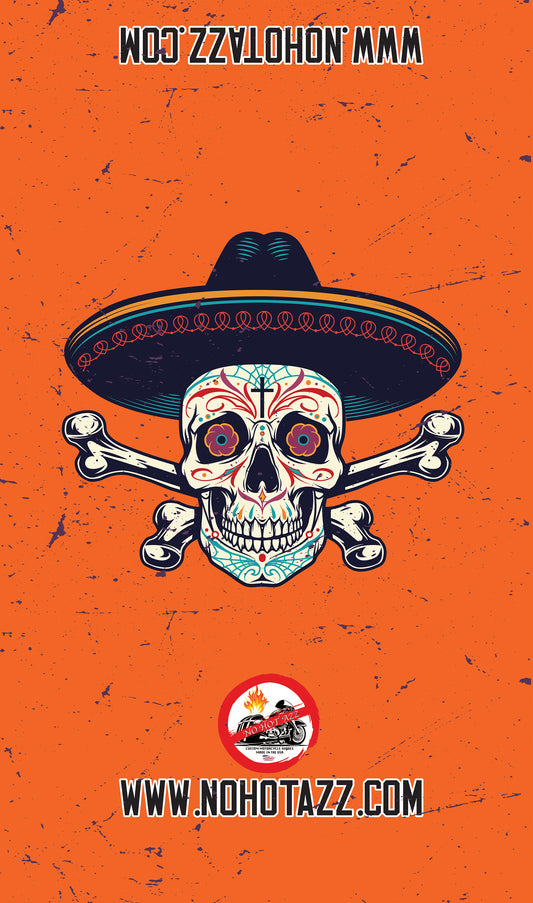 An orange No Hot Azz motorcycle seat shade sun cover featuring a skull wearing a sombrero.